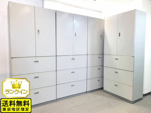 【送料無料 東京地区限定】美品 4台セット イトーキ シンライン 上下書庫 両開き書庫 ラテラル書庫 キャビネット ユニット書庫 本棚 書棚 スチール書庫【中古オフィス家具】【中古】