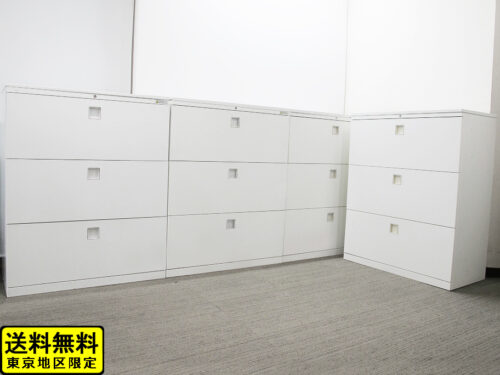 【送料無料 東京地区限定】【美品】4台セット 鍵付き書庫 ホワイト色 天板付き ラテラル書庫 3段 スチールキャビネット 保管庫 収納棚 オカムラ 岡村製作所 レクトライン 国産