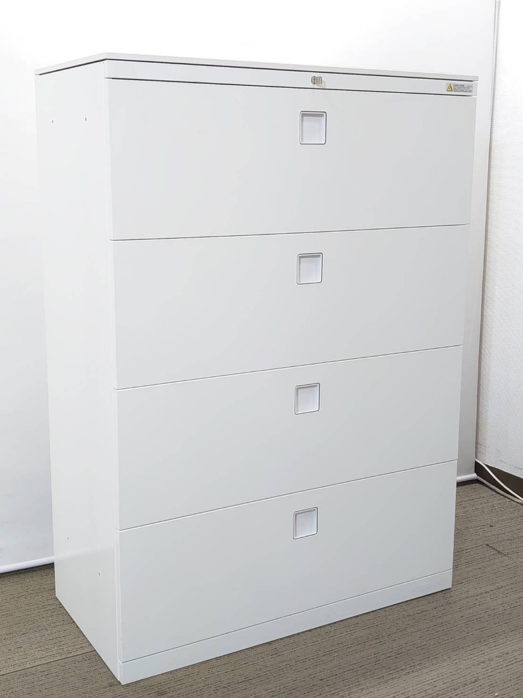 【送料無料 東京地区限定】 ラテラル書庫 キャビネット 4段 鍵付き書庫 ホワイト色 スチール書庫 オカムラ レクトライン 国産 【中古オフィス家具】【中古】 - 画像 (2)