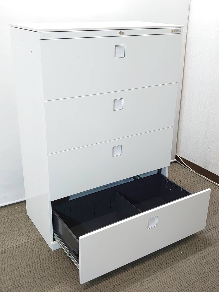 【送料無料 東京地区限定】 ラテラル書庫 キャビネット 4段 鍵付き書庫 ホワイト色 スチール書庫 オカムラ レクトライン 国産 【中古オフィス家具】【中古】 - 画像 (3)