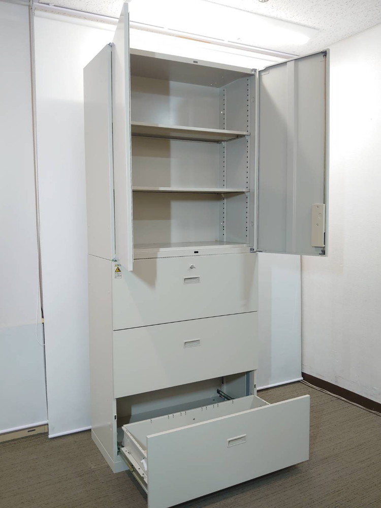 【大量入荷 国産書庫】生興 上下書庫 両開き書庫 ラテラル書庫 キャビネット ユニット書庫 本棚 書棚【中古オフィス家具】【中古】 - 画像 (2)