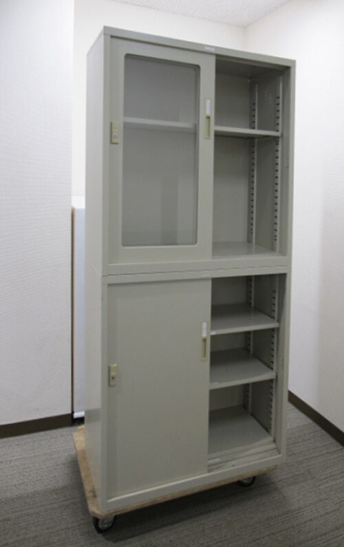 引き違い ガラス書庫 スチール書庫 スチールキャビネット 鍵付き書庫 カギ付き書庫 本棚 収納庫 上下セット LION ライオン 【中古オフィス家具】【送料無料】 上下書庫 引き違い書庫 キャビネット 書棚 書類棚 【中古】