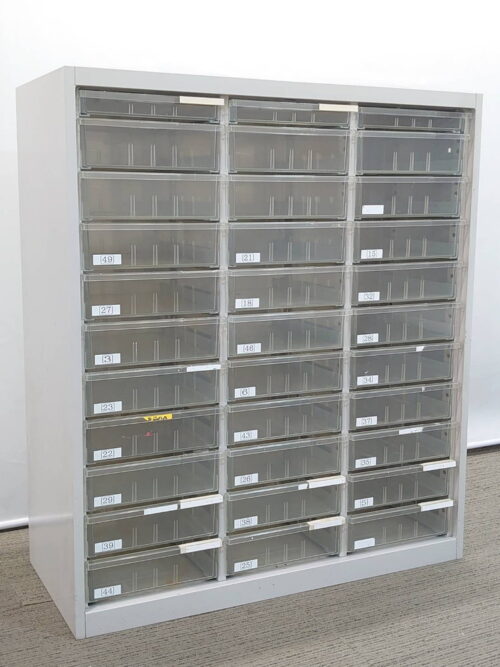 浅型 深型 スチールキャビネット トレーキャビネット クリアトレー クリスタルトレー 書棚 クリスタルケース クリアトレーキャビネット レターケース クリスタルキャビネット 3列11段 A4対応 コンビ型 システムトレーキャビネット 書類整理庫 キャビネット 保管庫 整理棚 トレーユニットシステム 【中古オフィス家具】【中古】