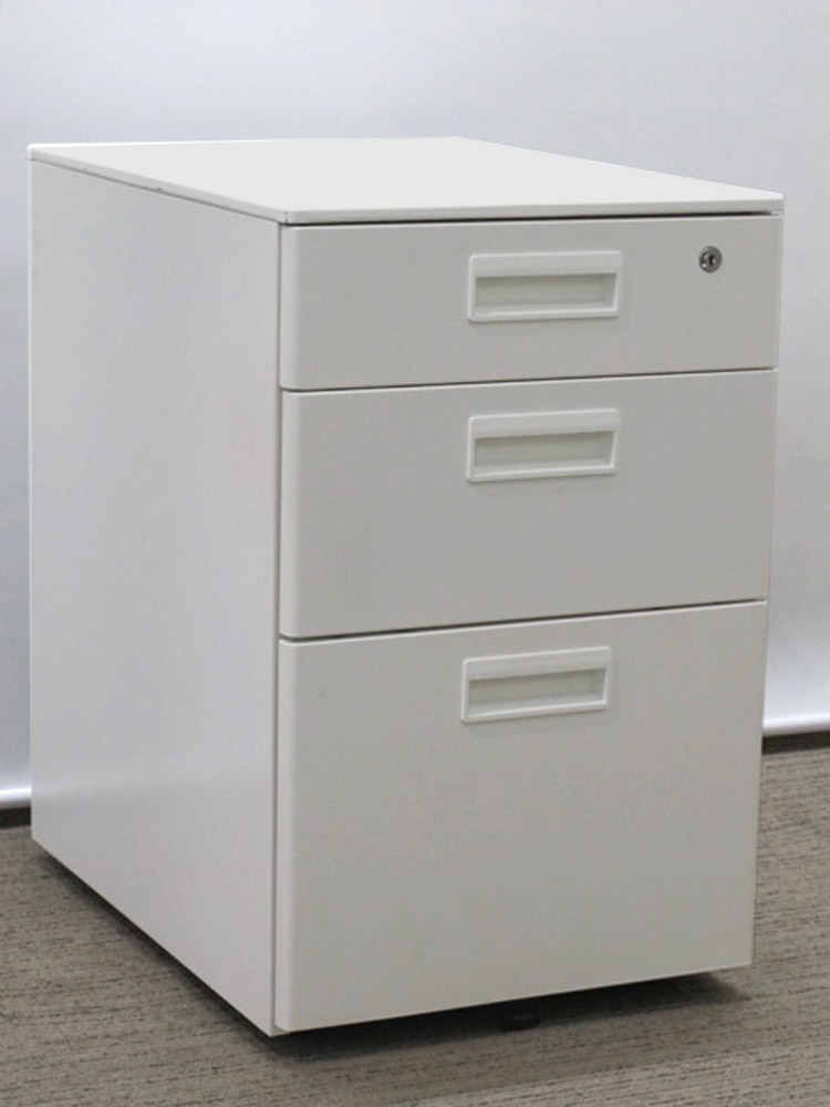 カギ付き インサイドワゴン 机下収納ワゴン スチールワゴン 事務ワゴン 【法人限定送料無料】4台セット 3段ワゴン サイドワゴン デスクワゴン キャスターワゴン 袖机 脇机【中古オフィス家具】【中古】 - 画像 (2)