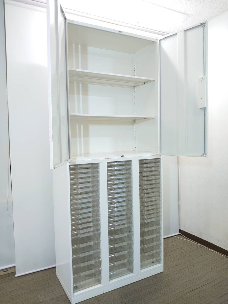 上下書庫 ユニット書庫 両開き書庫 クリスタルキャビネット 保管庫 収納庫 本棚 書棚 スチールキャビネット スチール書庫 上下セット書庫【中古オフィス家具】【中古】 - 画像 (2)