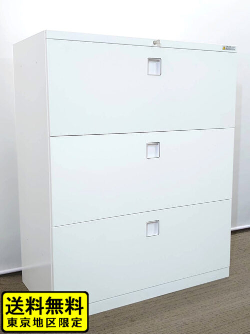 【美品】 【送料無料 東京地区限定】 ラテラル書庫 キャビネット 3段 カギ付き書庫 鍵付き書庫 ホワイト色 スチール書庫 スチールキャビネット ラテラルキャビネット オカムラ レクトライン 国産 収納庫 本棚 書棚【中古オフィス家具】【中古】