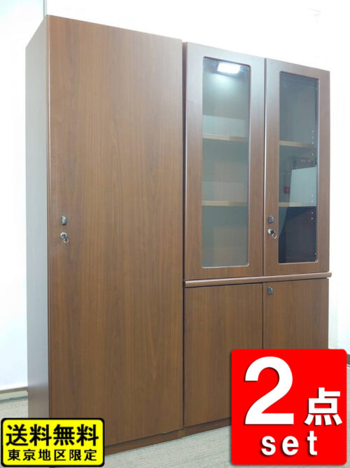 【送料無料 東京地区限定】オカムラ DX-4 役員家具2点セット キャビネット ワードローブ ローボード 書庫【中古オフィス家具】【中古】 2点セット 役員用家具 役員家具 エグゼクティブ家具 エグゼクティブファニチュア 両開き書庫 ガラス書庫 書庫 木製書庫 カギ付き 本棚 書棚 収納棚