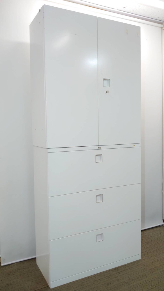 【人気のホワイト書庫】美品 オカムラ レクトライン 上下書庫 両開き書庫 ラテラル書庫 キャビネット ユニット書庫【中古オフィス家具】【中古】