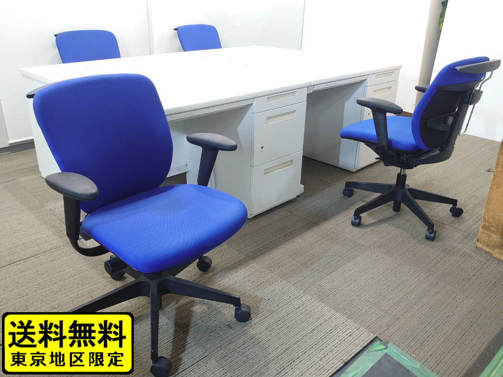 【送料無料 地域限定】【美品】4台セット イナバ プラオ 4人用 オフィスデスクセット 片袖机 椅子 オフィスデスク オフィスチェア【中古オフィス家具】【中古】