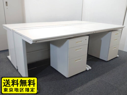 【送料無料 東京地区限定】 【美品】 4人用 開業セット 平机 片袖机 スチールデスク オフィスデスク 事務デスク ワークデスク 事務机 平デスク 片袖デスク デスクセット ワゴン スチールワゴン サイドワゴン デスクワゴン ホワイト色 デスク W1000×4台 3段ワゴン×4台 【中古オフィス家具】【中古】