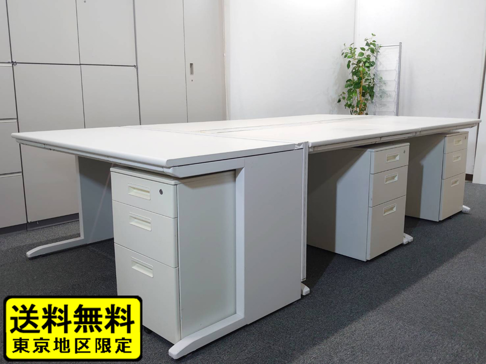 【送料無料 東京地区限定】 【美品】 5人用 開業セット 平机 片袖机 スチールデスク オフィスデスク 事務デスク ワークデスク 事務机 平デスク 片袖デスク デスクセット ホワイト色 ワゴン スチールワゴン サイドワゴン デスクワゴン デスク W1400×1台 W1000×4台 3段ワゴン×5台 【中古オフィス家具】【中古】