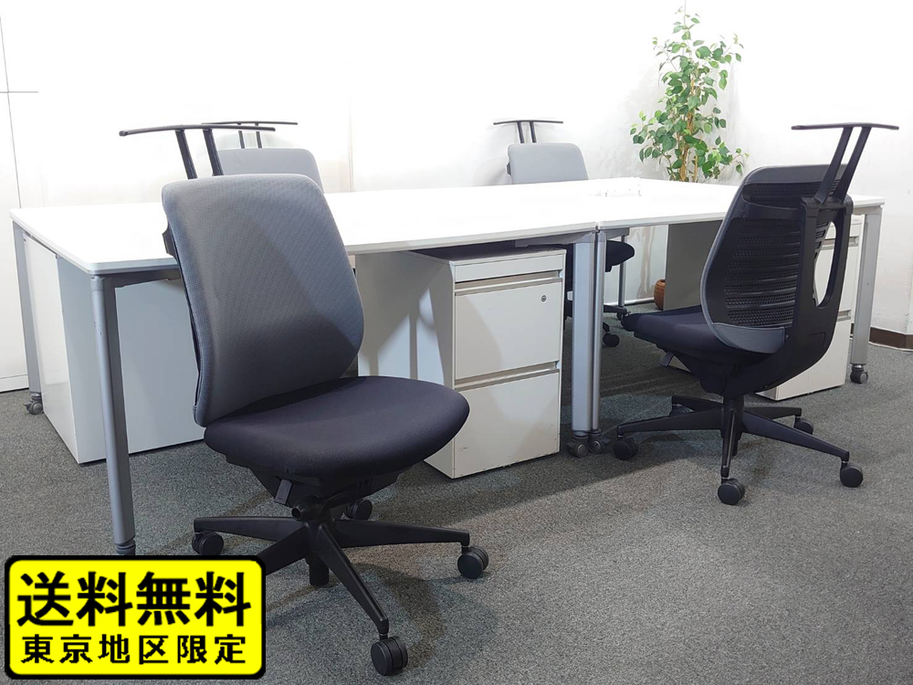 【送料無料 地域限定】 4人用 フリーアドレス デスクセット コクヨ ワークソート ワークテーブルセット W1400×2台 フリアド 平机 片袖机 可動式 オフィステーブル ミーティングテーブル 会議テーブル 多目的テーブル SDT-WS1414PAW 開業セット 国産 【中古オフィス家具】【中古】