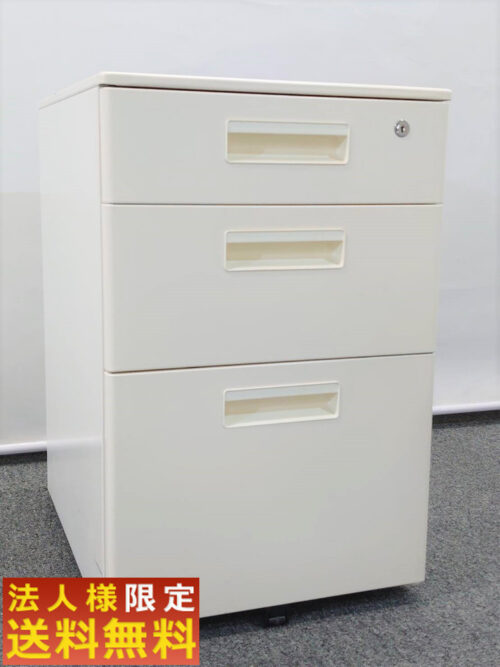 【法人限定送料無料】3段ワゴン サイドワゴン デスクワゴン キャスターワゴン カギ付き インサイドワゴン 机下収納ワゴン スチールワゴン 事務ワゴン 3段 国産 袖机 脇机【中古オフィス家具】【中古】