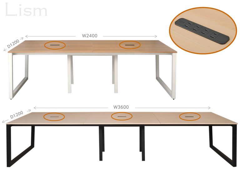 【法人様限定】送料無料 リスム フリーアドレス用テーブル W2400xD1200 ウォルナットxブラック脚 4ヶ口コンセント付 RFFLT-2412DM-BL - 画像 (3)