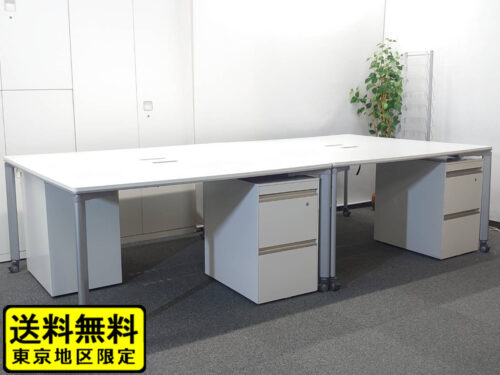 送料無料 地域限定 ４人用 フリーアドレス コクヨ ワークソート ワークテーブルセット デスクセット W1400×2台 フリアド 平机 片袖机 可動式 オフィステーブル ミーティングテーブル 会議テーブル 多目的テーブル SDT-WS1414PAW 開業セット デスク ワゴン 国産 【中古オフィス家具】【中古】