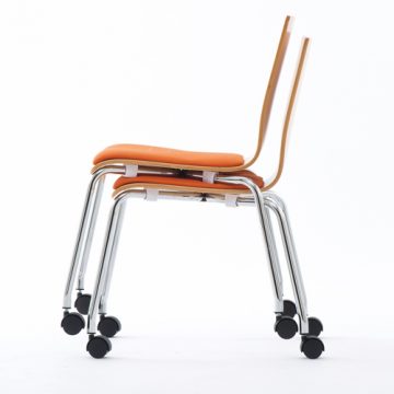 【法人様限定】送料無料 プライウッドキャスターチェア パッド付 ナチュラル×オレンジ - 画像 (3)
