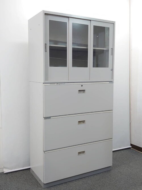 【在庫5台あり】上下書庫 引き違い書庫 ガラス書庫 キャビネット 本棚 書棚 収納庫 保管庫 ユニット書庫 上下セット 書庫 スライド書庫 引き戸書庫 引戸書庫 ラテラル書庫 キャビネット【中古オフィス家具】【中古】