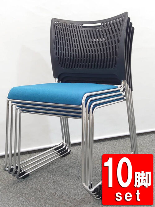 【送料無料 地域限定】 【在庫40脚以上有】 10脚セット オカムラ レーテ 81R2CZ FFW5 ミーティングチェア 会議チェア スタッキングチェア スタックチェア クローズ脚タイプ ターコイズブルー 多目的チェア 【中古オフィス家具】【中古】