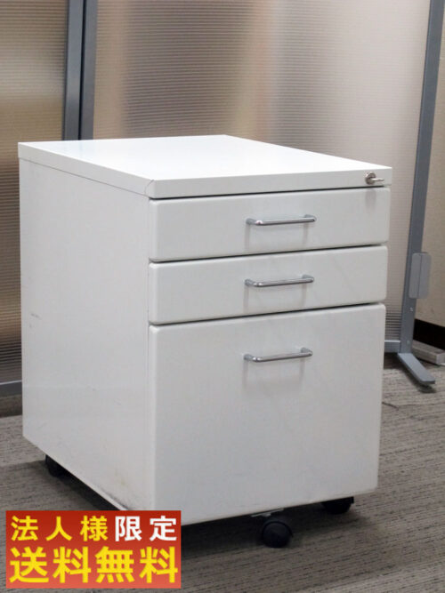 【法人限定送料無料】 3段ワゴン サイドワゴン デスクワゴン オフィスワゴン 袖机 脇机 ホワイト色 カギ付き インサイドワゴン 机下収納ワゴン キャスターワゴン スチールワゴン 【中古オフィス家具】【中古】