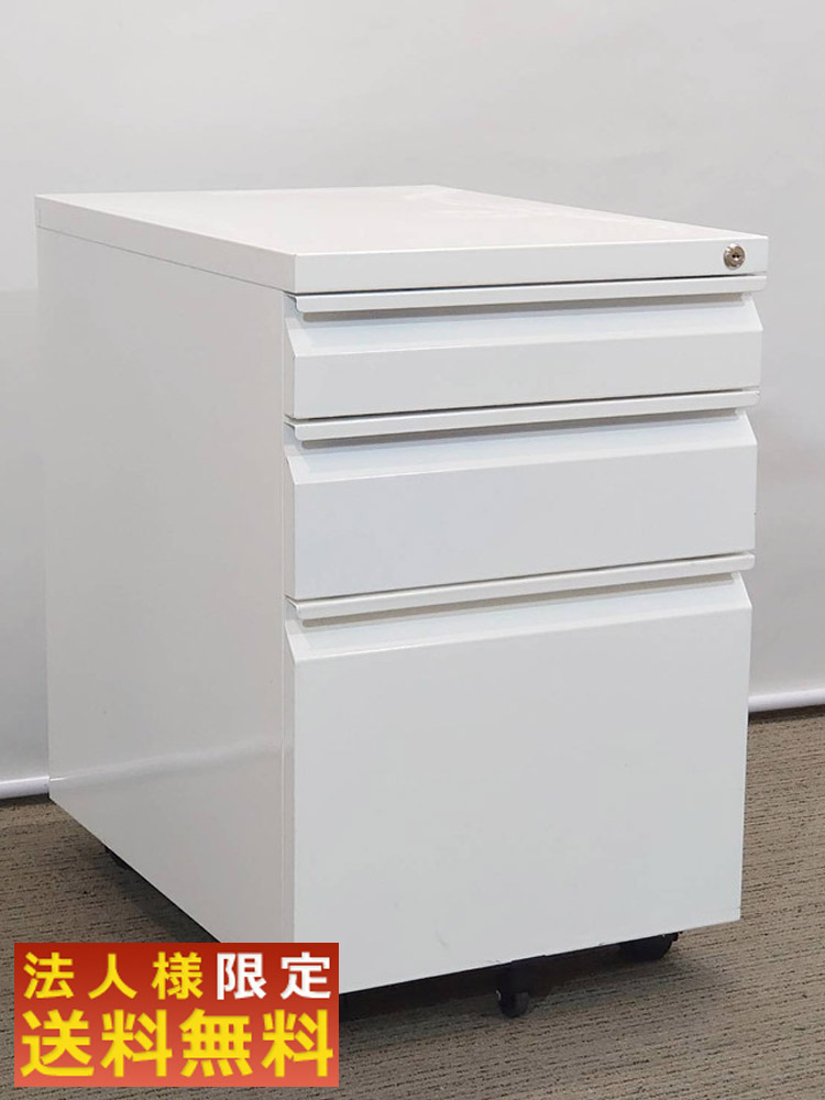【法人限定送料無料】 ワゴン デスクワゴン 事務ワゴン サイドワゴン 袖机 脇机 3段ワゴン キャスターワゴン インサイドワゴン スチールワゴン 机下収納ワゴン ホワイト色 【中古オフィス家具】【中古】