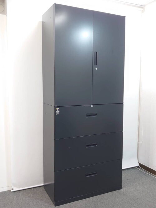 ラテラル書庫 両開きキャビネット スチール書庫 スチールキャビネット 本棚 書棚 収納庫 上下セット 可動棚板付き ブラック NAIKI ナイキ 上下書庫 両開き書庫 キャビネット ユニット書庫【中古オフィス家具】【中古】