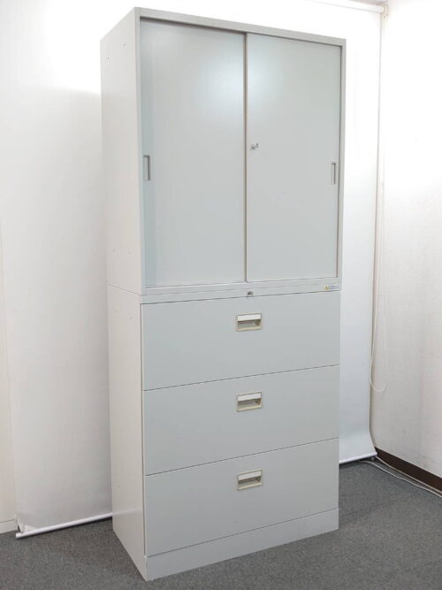 上下書庫 引き違い書庫 ラテラル書庫 スチール書庫 鍵付き書庫 引違い書庫 引き戸書庫 本棚 書棚 キャビネット 保管庫 収納庫 スチールキャビネット ユニット書庫 上下セット書庫 オカムラ42シリーズ 【中古オフィス家具】【中古】