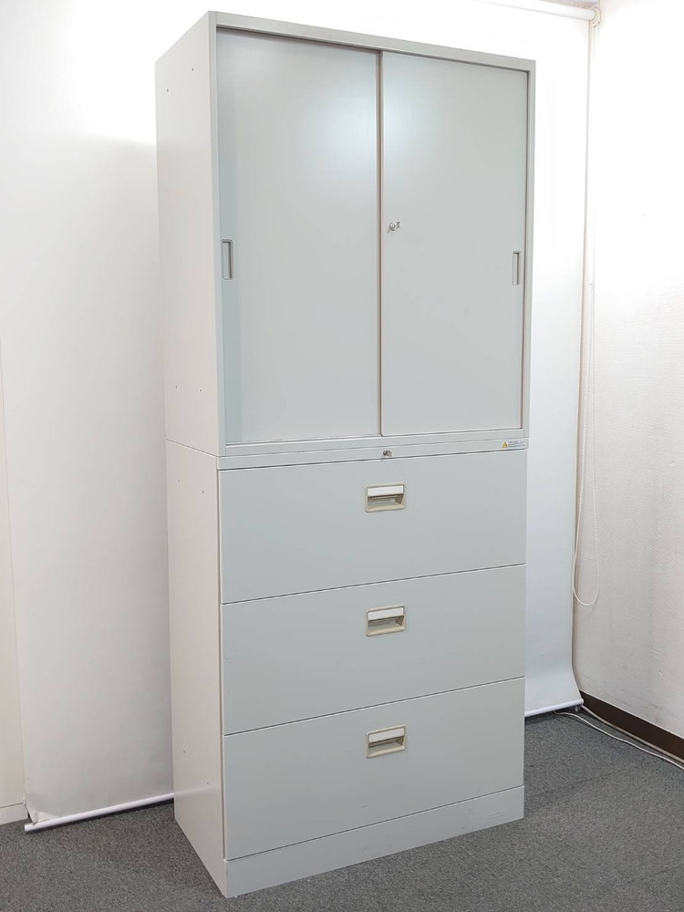上下書庫 引き違い書庫 ラテラル書庫 スチール書庫 鍵付き書庫 引違い書庫 引き戸書庫 本棚 書棚 キャビネット 保管庫 収納庫 スチールキャビネット ユニット書庫 上下セット書庫 オカムラ42シリーズ 【中古オフィス家具】【中古】