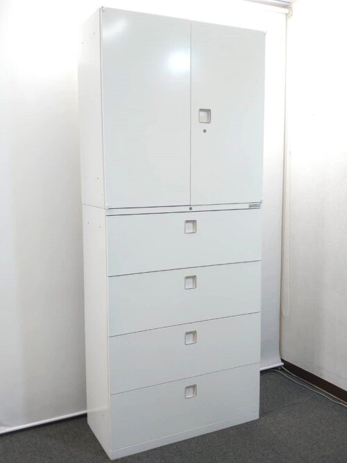 オカムラ レクトライン 上下書庫 両開き書庫 ラテラル書庫 キャビネット ホワイト色 カギ付き書庫 鍵付き書庫 ユニット書庫 4段 ラテラル オフィス収納 オフィスキャビネット W900 D400 H2150 【中古オフィス家具】【中古】