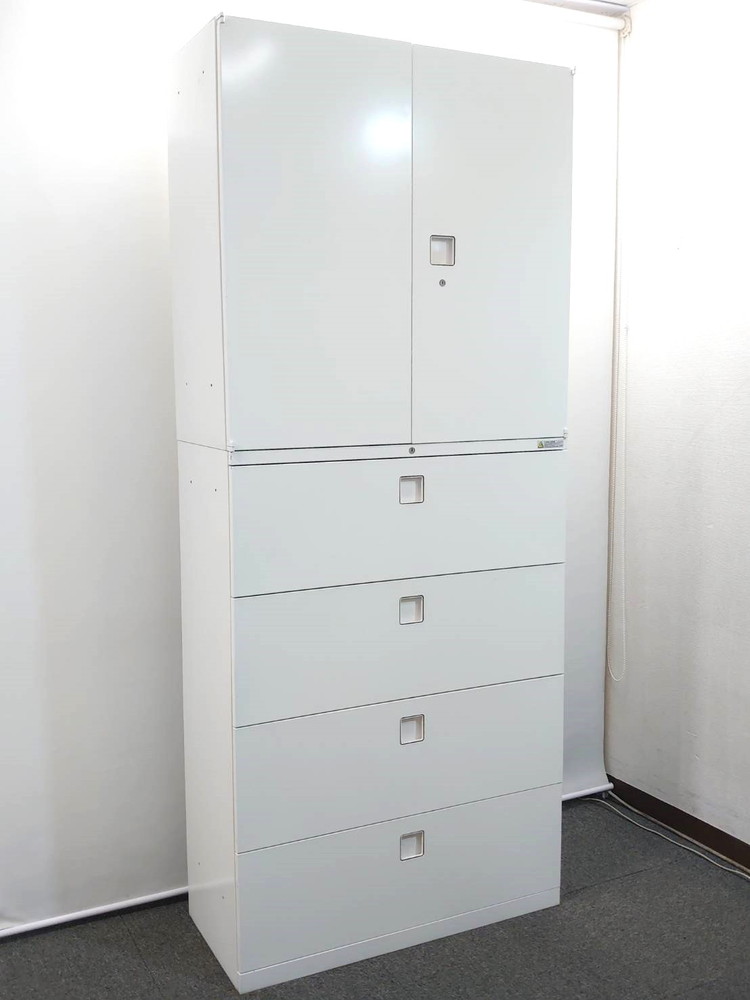 オカムラ レクトライン 上下書庫 両開き書庫 ラテラル書庫 キャビネット ホワイト色 カギ付き書庫 鍵付き書庫 ユニット書庫 4段 ラテラル オフィス収納 オフィスキャビネット W900 D400 H2150 【中古オフィス家具】【中古】