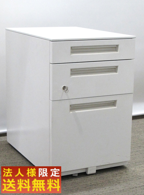 【法人限定送料無料】3段ワゴン サイドワゴン デスクワゴン ホワイト色 カギ付き 事務ワゴン キャスターワゴン 袖机 脇机【中古オフィス家具】【中古】